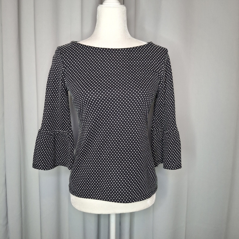 Talbots Women's Size S Petite Black/White Polka Dot Blouse Top 3/4 Bell Sleeve